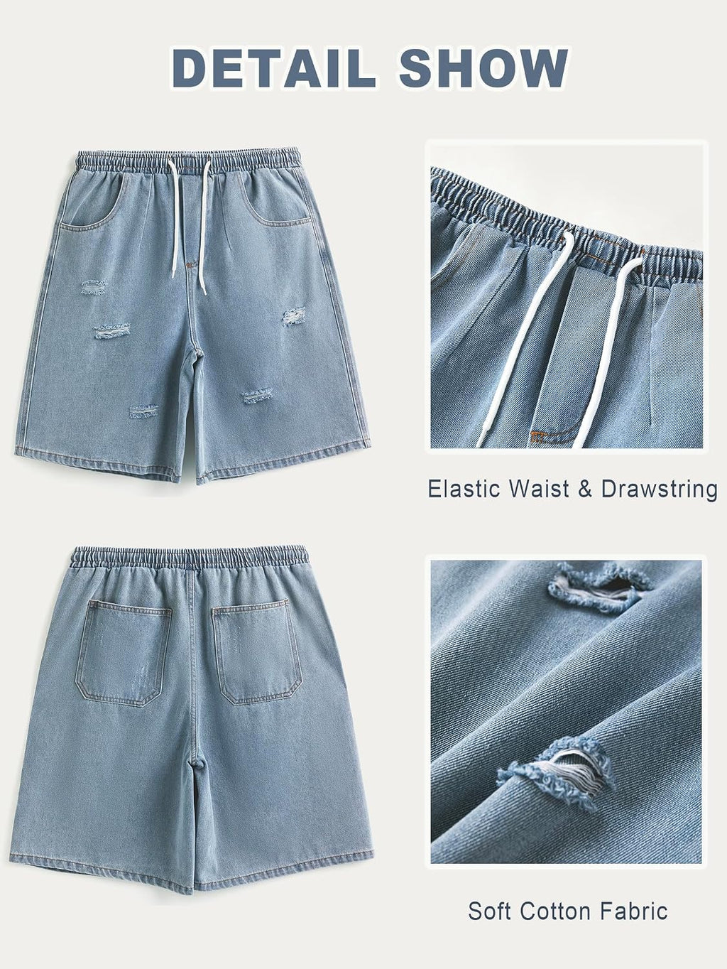Baggy Jean Shorts Men, Y2K Jorts Cargo Ripped Elastic Waist, Mens Denim Shorts Comfy Casual Streetwear Summer