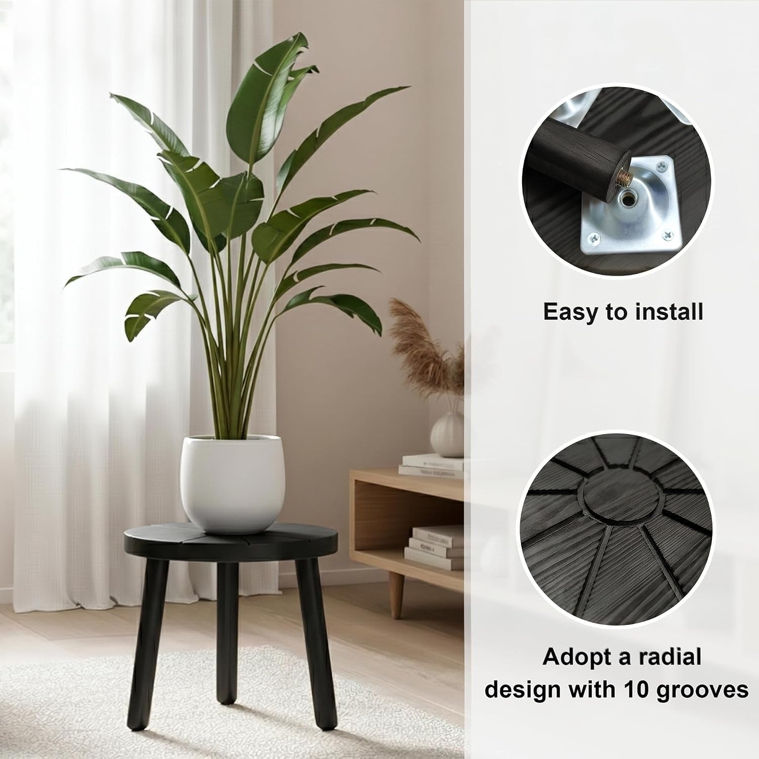 Wood Plant Stands Indoor, 3-Pack Single Plant Stand for 7-10 Inch Pots, Mid-Century Modern Plant Stool, Tall Plant Stand for Large Plants for Living Room, Balcony, Office (Black, 3-Pack)