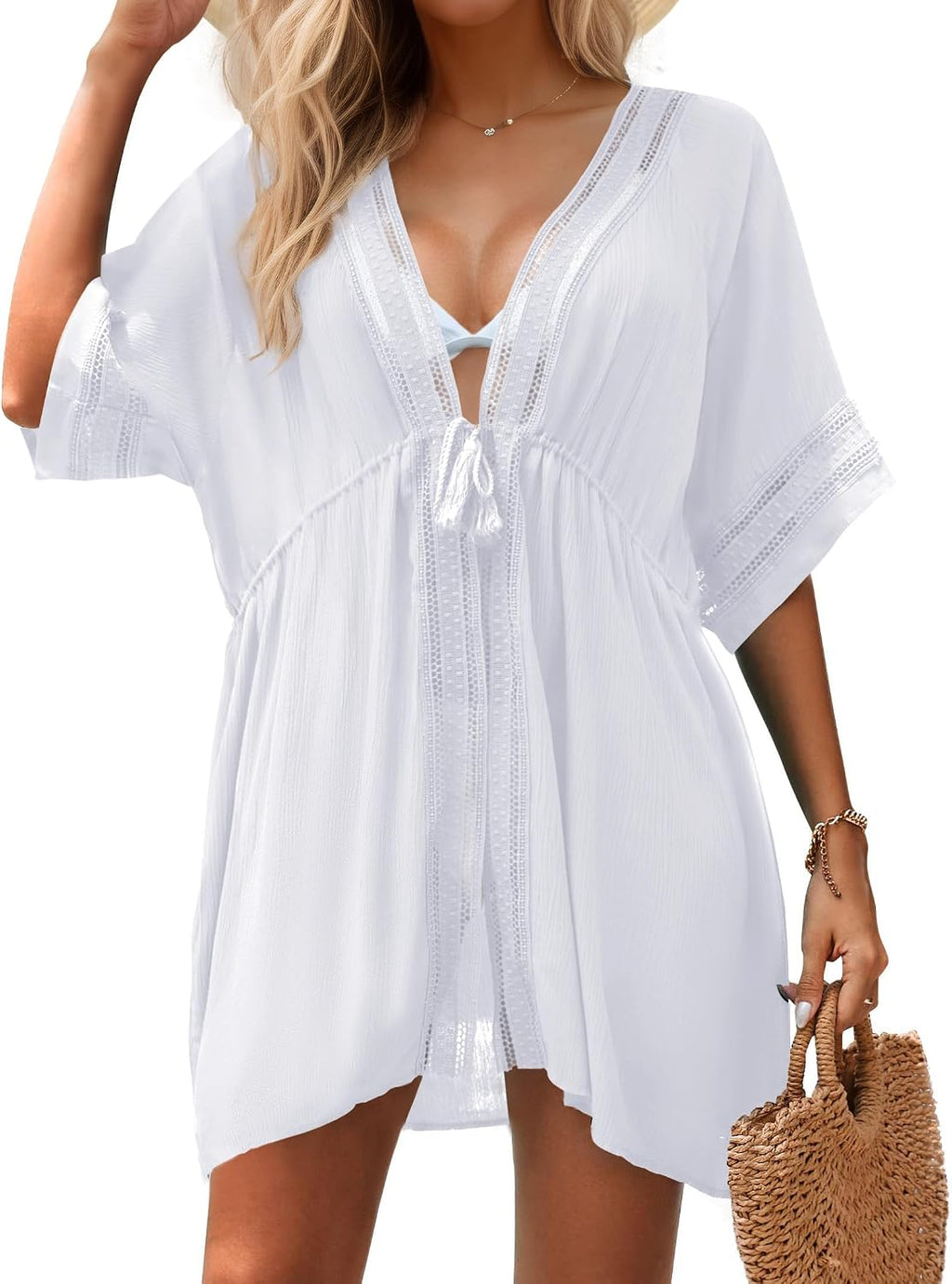 Women Swimsuit Cover up Beach Open Front Coverups | Short Sleeve, Adjustable Fringe Drawstring, Pocketed Swimwear, Trim Detailing, Boho Bathing Suits