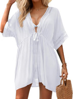 Women Swimsuit Cover up Beach Open Front Coverups | Short Sleeve, Adjustable Fringe Drawstring, Pocketed Swimwear, Trim Detailing, Boho Bathing Suits