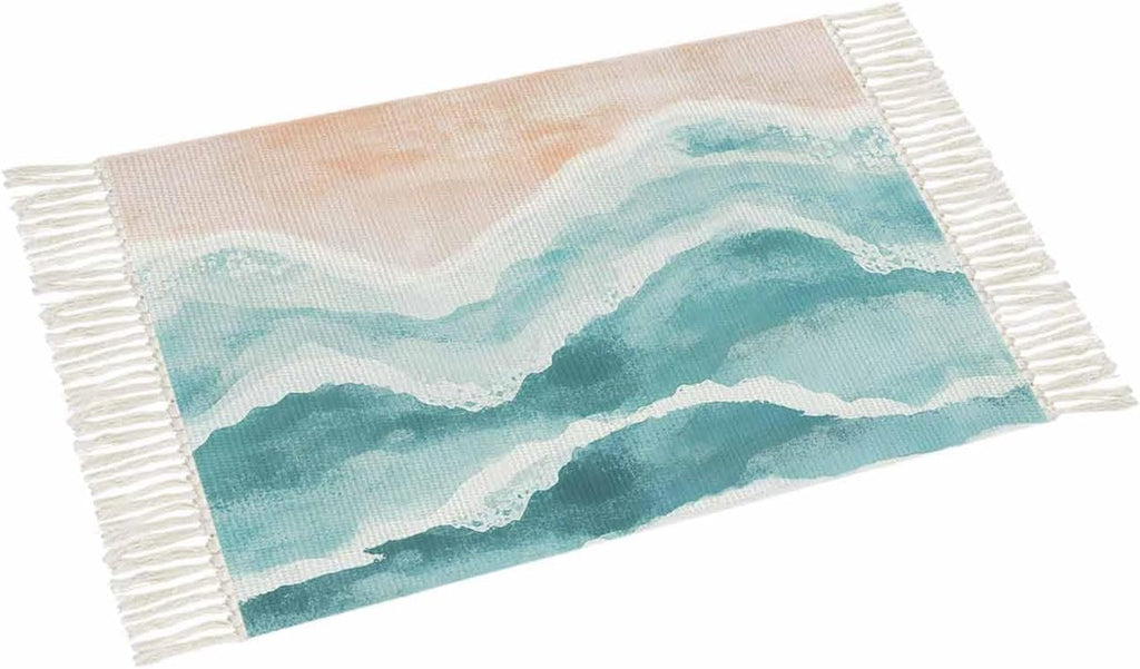 Teal Boho Coastal Area Rug 4X6 Living Room Rug with Tassel Woven Cotton Entryway Rug Washable Bedroom Rug Aesthetic Nursery Rug Ocean Beach Wave Ombre Green Floor Mat for Laundry Room