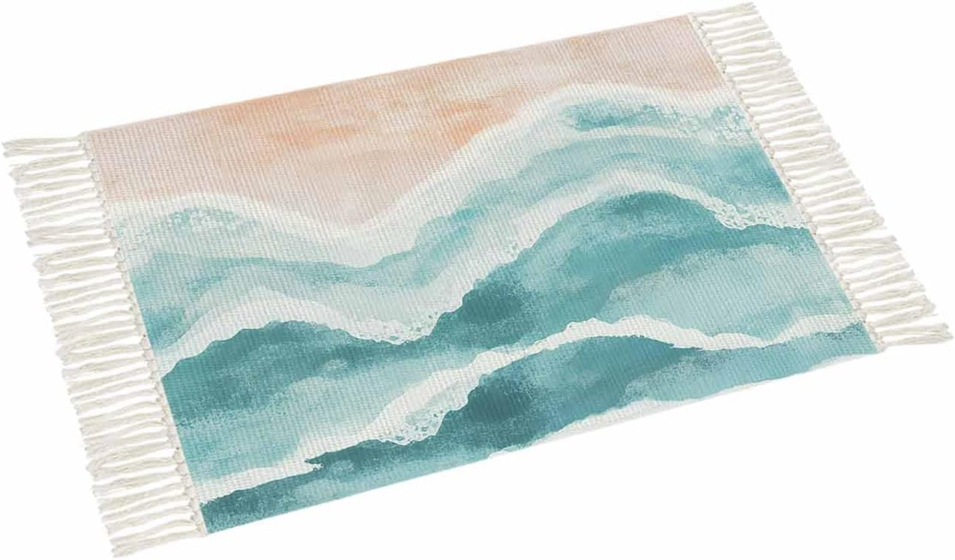 Teal Boho Coastal Area Rug 4X6 Living Room Rug with Tassel Woven Cotton Entryway Rug Washable Bedroom Rug Aesthetic Nursery Rug Ocean Beach Wave Ombre Green Floor Mat for Laundry Room