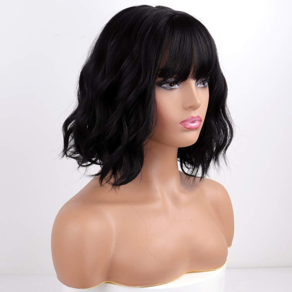 Short Wavy Black Wig with Bangs, Short Black Bob Wigs for Women, Wavy Bob Wig with Bangs Synthetic Natural Looking Heat Resistant Fiber Wigs