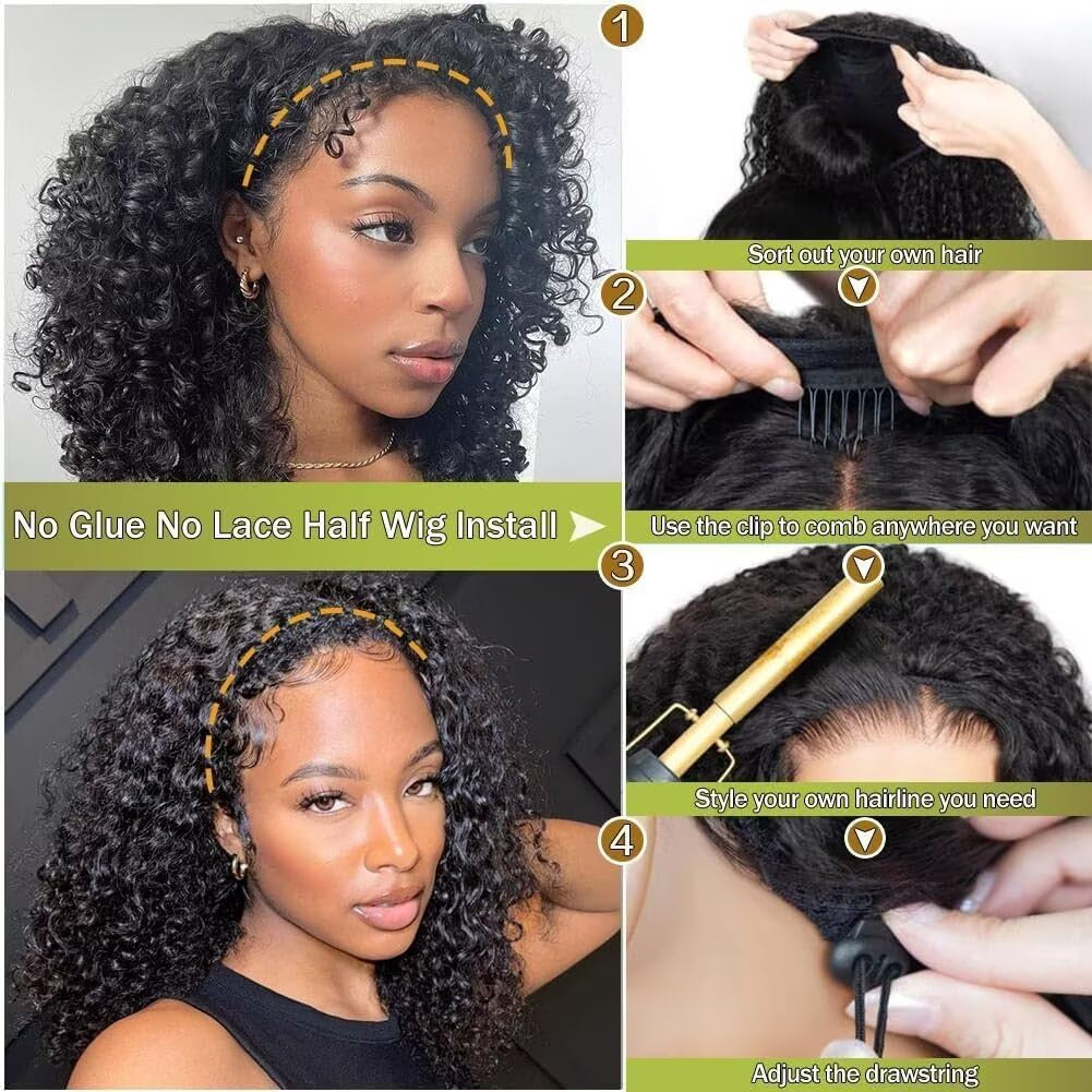 Half Wig Human Hair 3 in 1 Seamless Flip over Half Wigs with Drawstring Half Wigs for Women Human Hair Glueless Wear and Go Half up Half down Headband Wig Human Hair(18 Inch,Natural Black)