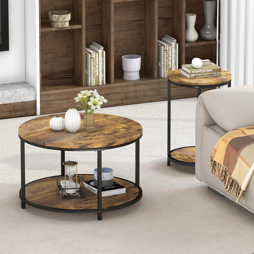 round Coffee Table, 25.6" Small Coffee Table for Living Room,2-Tier Rustic Wood Desktop with Storage Shelf Modern Design Home Furniture(Brown)