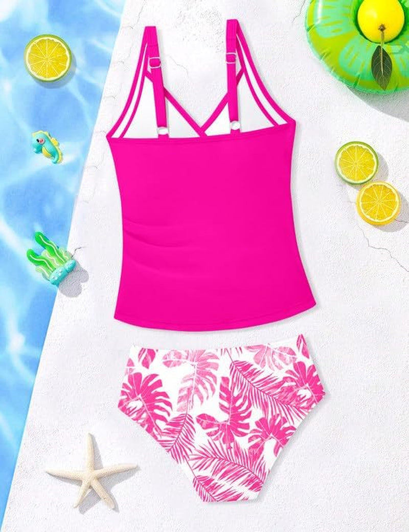 Girls Tankini Swimsuit Twist V Neck Bathing Suit Ruched Girls Swimsuit Two Piece Printed Girls' Swimwear 9-16 Years