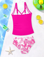 Girls Tankini Swimsuit Twist V Neck Bathing Suit Ruched Girls Swimsuit Two Piece Printed Girls' Swimwear 9-16 Years