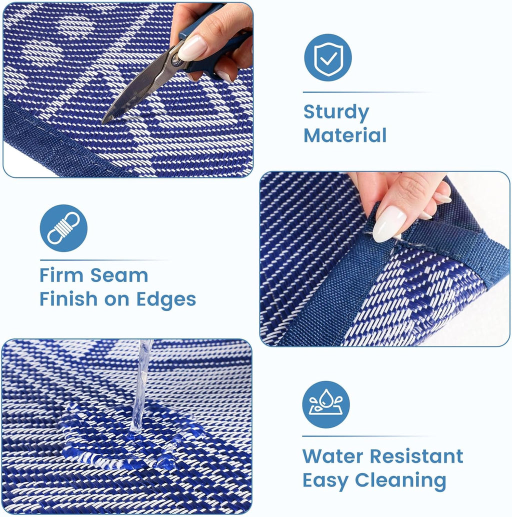Outdoor Rug 5X8 Ft Waterproof, Reversible Plastic Straw Rug, Patio Rug, Outdoor Area Rug for RV Camping, Porch, Deck, Balcony, Backyard, Picnic, Beach, Garden, Camper, Blue & White