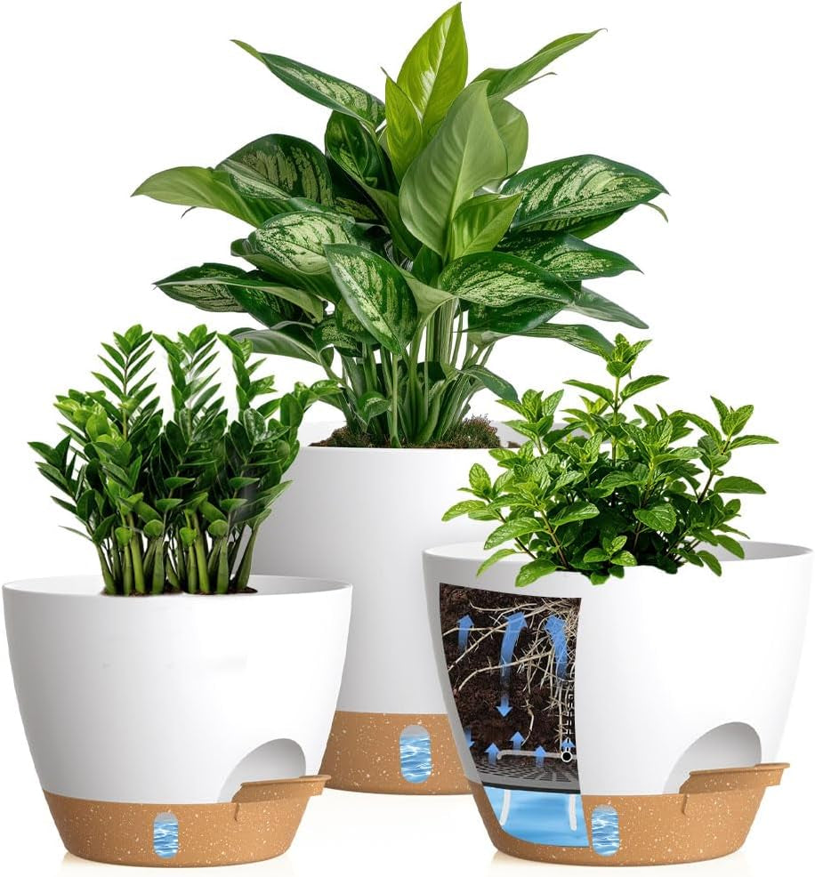 Self Watering Pots with Drainage Holes, 3 Pack 12/10/8 Inch Plant Pots with Water Level Indicator Deep Reservoir, Large Plastic Planter for Indoor Outdoor Plants - White Brown