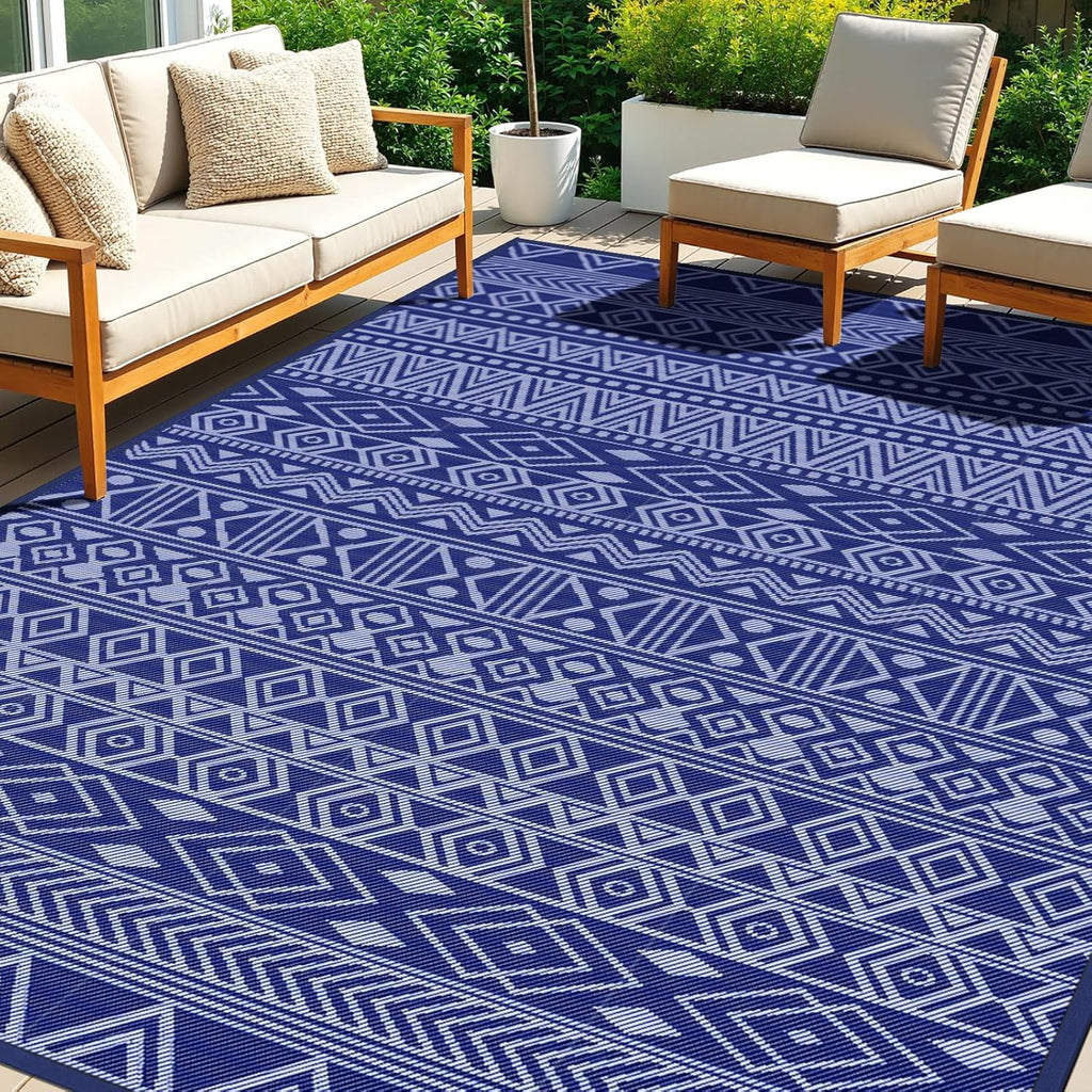 Outdoor Rug 5X8 Ft Waterproof, Reversible Plastic Straw Rug, Patio Rug, Outdoor Area Rug for RV Camping, Porch, Deck, Balcony, Backyard, Picnic, Beach, Garden, Camper, Blue & White