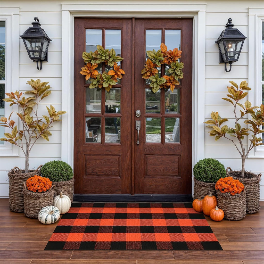 Halloween Buffalo Plaid Outdoor Rug, Fall Decor Front Porch Rug | 2'4" X 3'7" Black and Orange Washable Thanksgiving Layered Door Mat, Cotton Woven Fall Entryway Rugs for Kitchen Patio