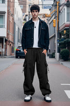Mens Loose Fit Drawstring Y2K Baggy Parachute Cargo Pants | Harem Joggers, Utility Flap, Deep Side Pockets, Elastic Waistband, Adjustable Hem, Streetwear, Casual Wear, Outdoor Hiking