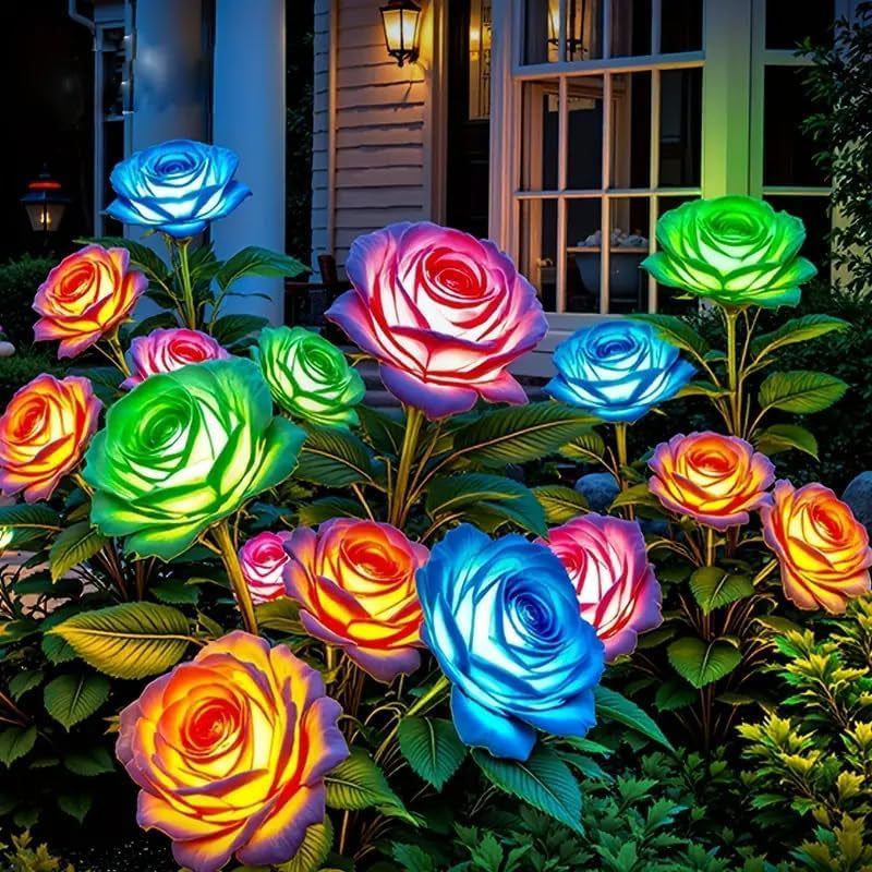 6 Pack Solar Lights Outdoor Garden Decor, 7 Color Changing Solar Flowers Outdoor Waterproof with 30 Bigger & Realistic Rose, Enlarged Size Panel for Patio Yard Garden Cemetery Decoration, Gifts