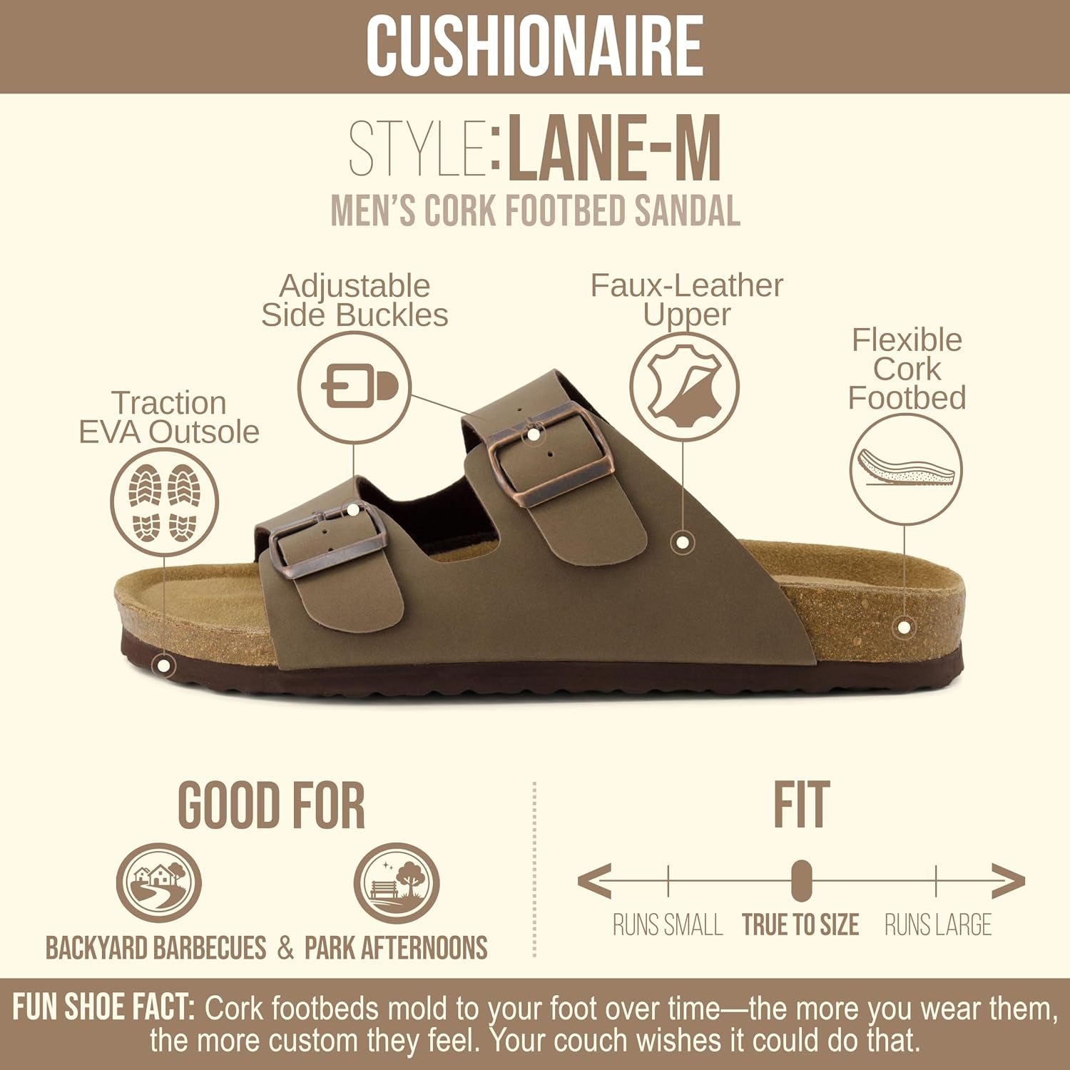 Lane Cork Footbed Mens Sandals, Adjustable Buckle Comfort Slides for Men, Genuine Leather Insole Summer Sandals Men Footwear