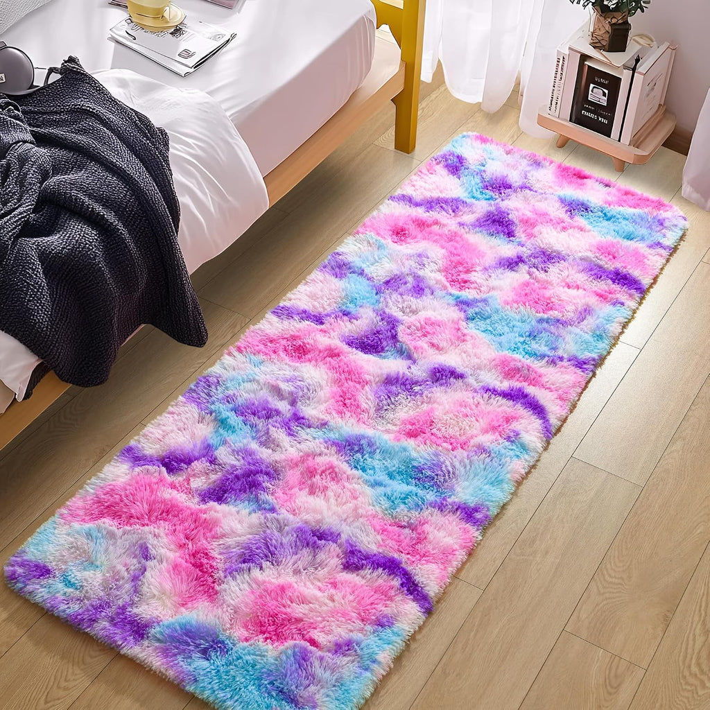 Soft Rainbow Rug for Girls Room, Cute Fluffy Girls Bedroom Rugs, 2X6 Feet Shaggy Princess Rug Colorful Carpet for Kids Teens Toddler Playroom Nursery Reading Nook, Hot Pink