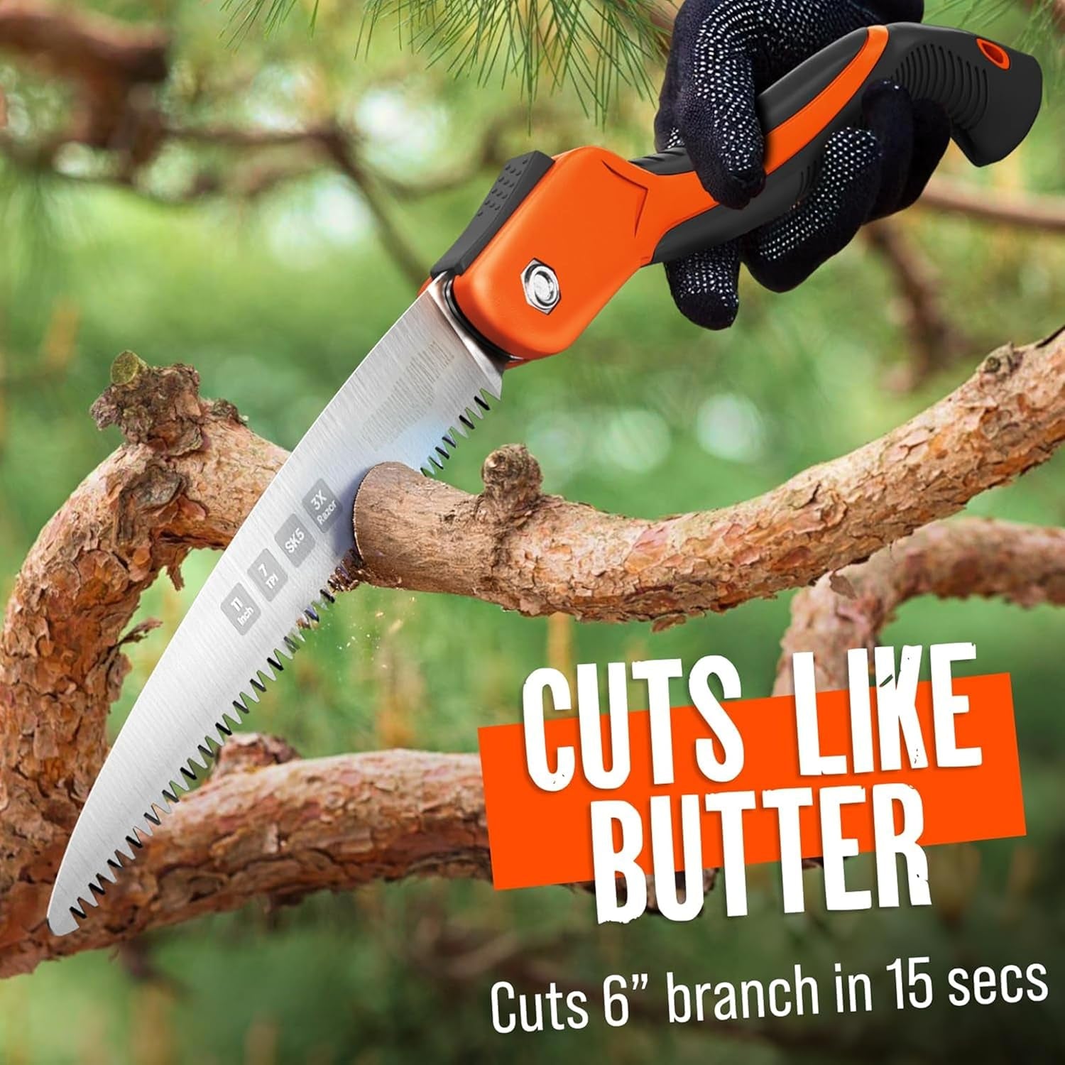 Folding Camping Saw 11 Inch - Heavy Duty Pruning Saw with Triple-Cut SK5 Blade, 7 TPI Razor Teeth for Tree Trimming, Wood Cutting, Camping, Bushcraft, and Gardening