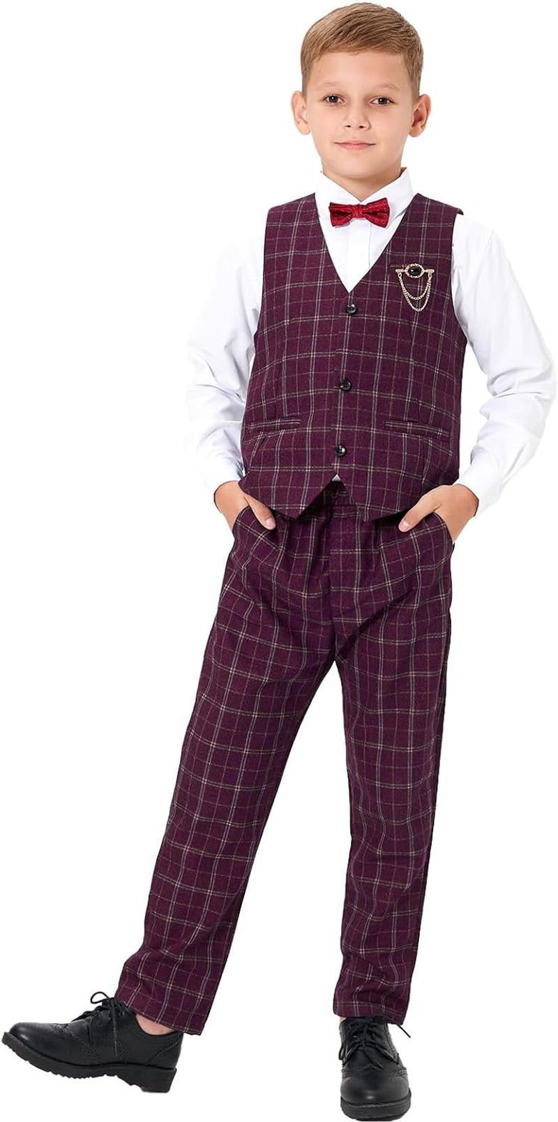 Boys Vest Pants Set Plaid Dress Suit with Shirt Kids Tuxedo Formal Wedding Ring Bearer Outfit