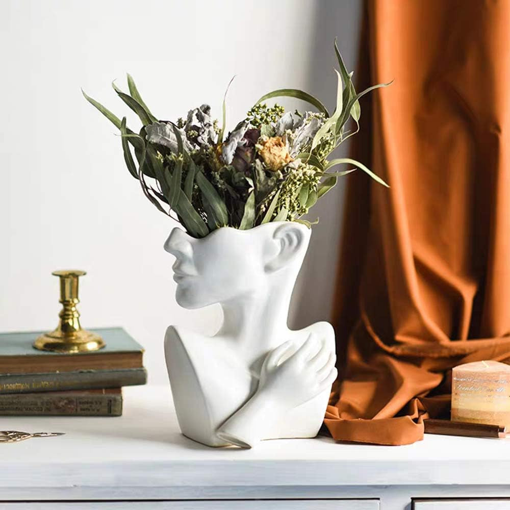 Ceramics Statue Flower Vase Face Pots Bust Head Shaped for Birthday Gifts Home Office Decoration (White) | Greek Sculpture Style, Home Office Decoration, Statue Design