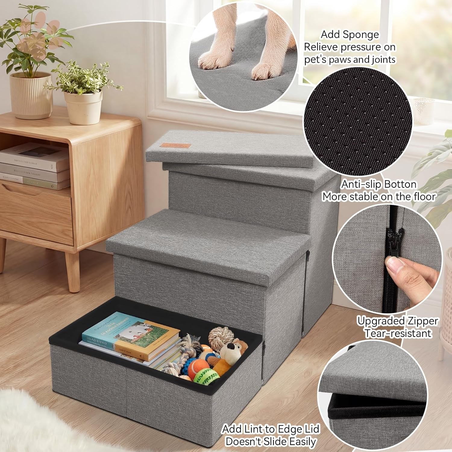 Wider Dog Ramp for High Bed with Storage, Foldable Dog Stairs | 18" H Dog Step for Small Medium Large Older Senior Animal, for Climbing Bed or Couch, Arthritis-Friendly (Gray, No Condo)