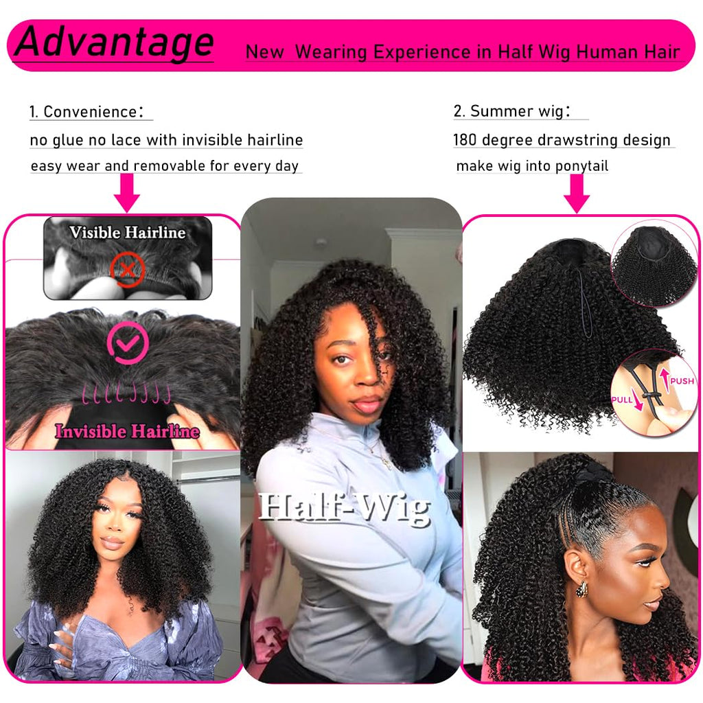 Kinky Curly Half Wig Human Hair 200 Density 3 in 1 Seamless Flip over Half Wigs Human Hair Glueless Wear and Go Beginner Friendly Kinky Curly Wig Human Hair Drawstring Headband Wig for Women 20 Inch