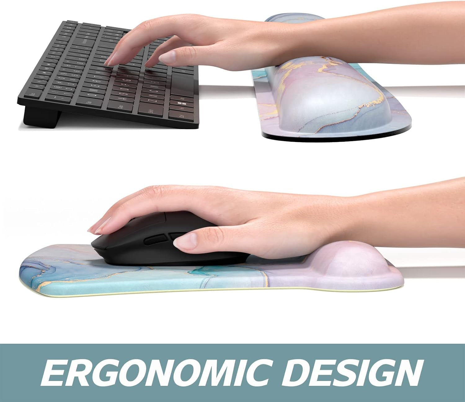Mouse Pad Wrist Support Keyboard Wrist Rest Pad Ergonomic Mousepad Non-Slip Memory Foam Keyboard Pad Easy Typing Pain Relief Perfect for PC Laptop Gaming Office, Color Textured Marble