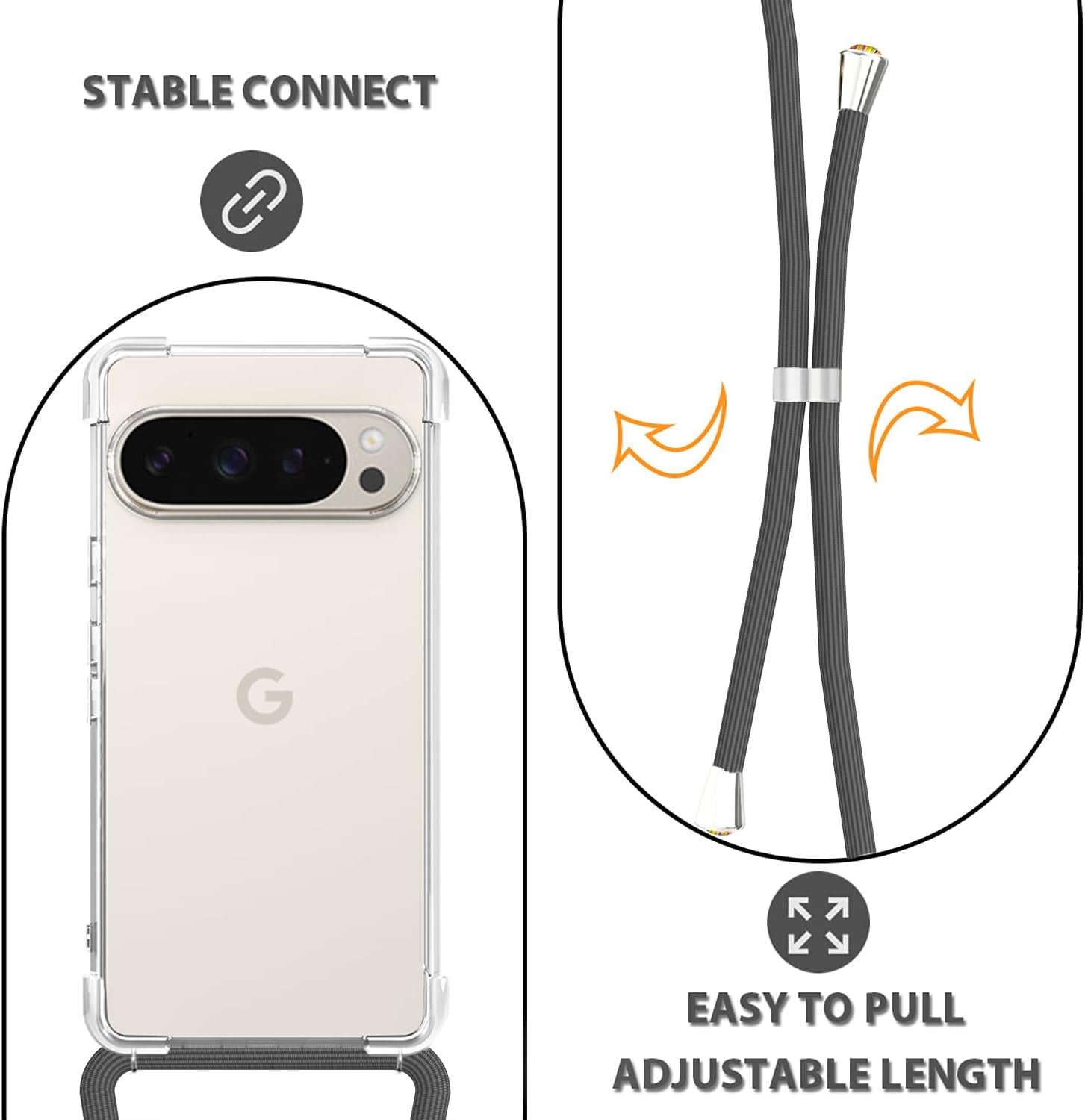 For Google Pixel 9 Pro XL Clear Case Lanyard Adjustable Cord Neck Shoulder Crossbody Strap Mobile Cover Durable Soft Cover Women Shockproof Protective Phone Case for Pixel 9 Pro XL - Gray