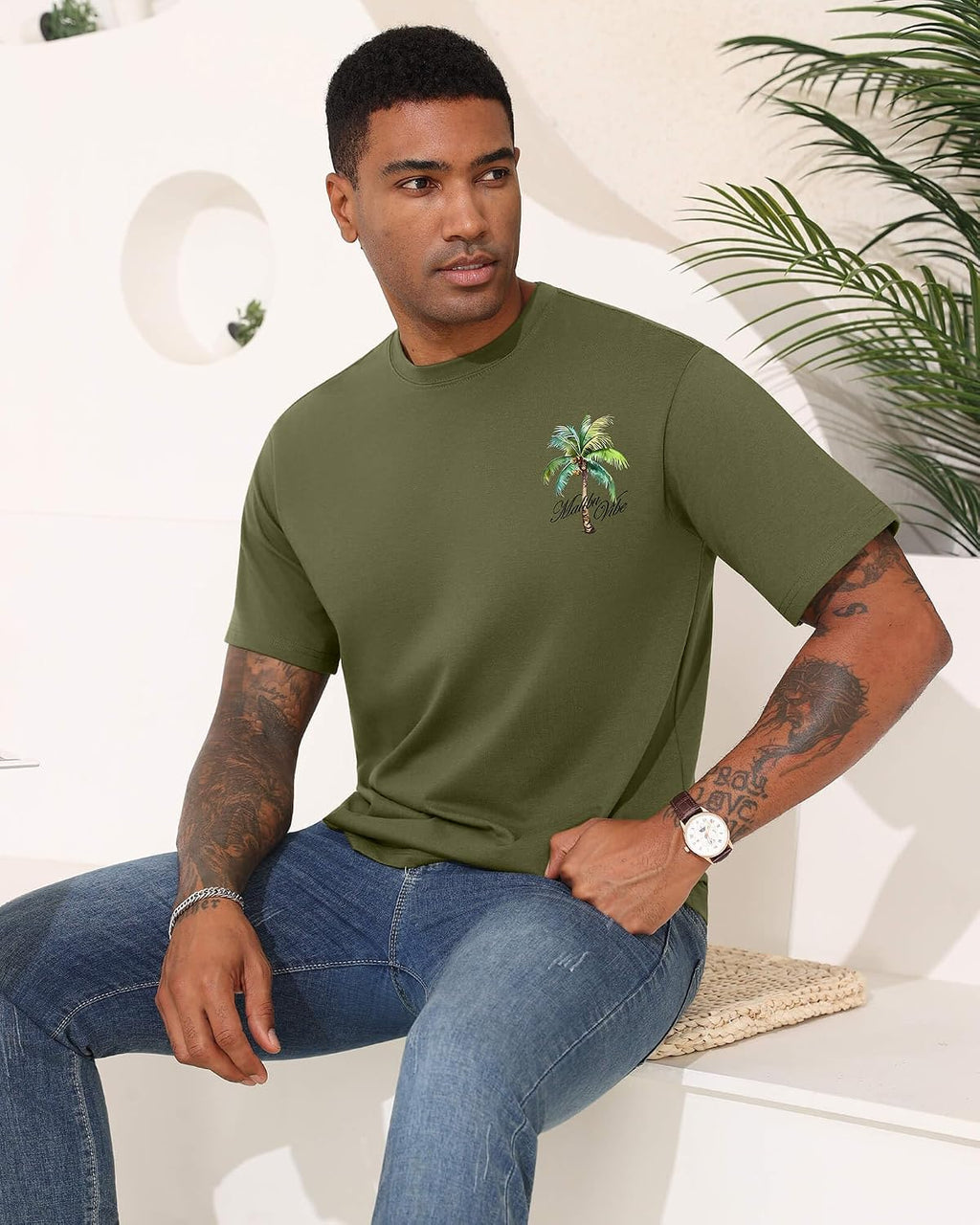 Mens Malibu Vibe Palm Tree California Casual Short Sleeve T-Shirt | Perfect for Surf Travel Great for Beach Lovers West Coast Fans.