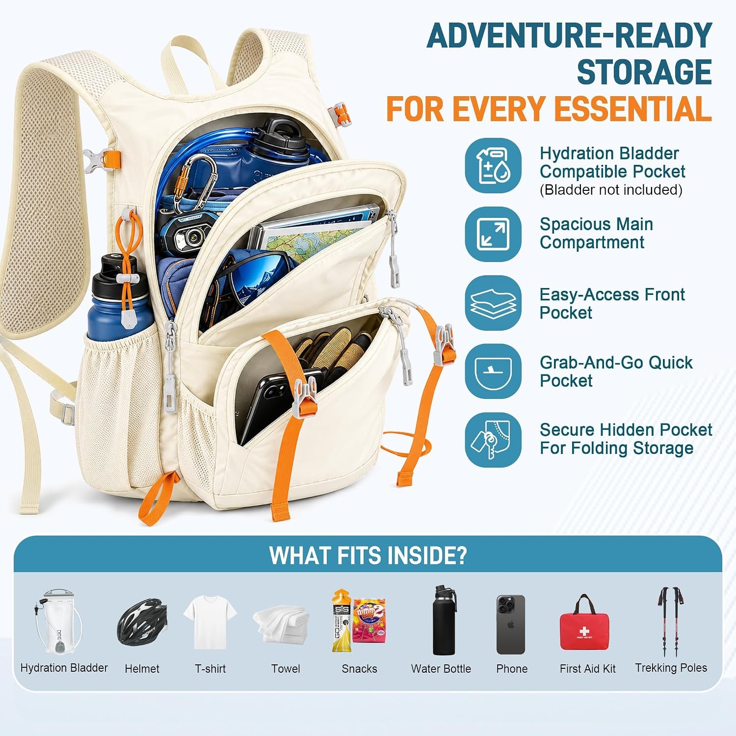 15L Hiking Backpack Lightweight Travel Backpacks Water-Resistant Daypack Fits Cycling Helmets for Men Women for Daily Outdoor Camping, Beige