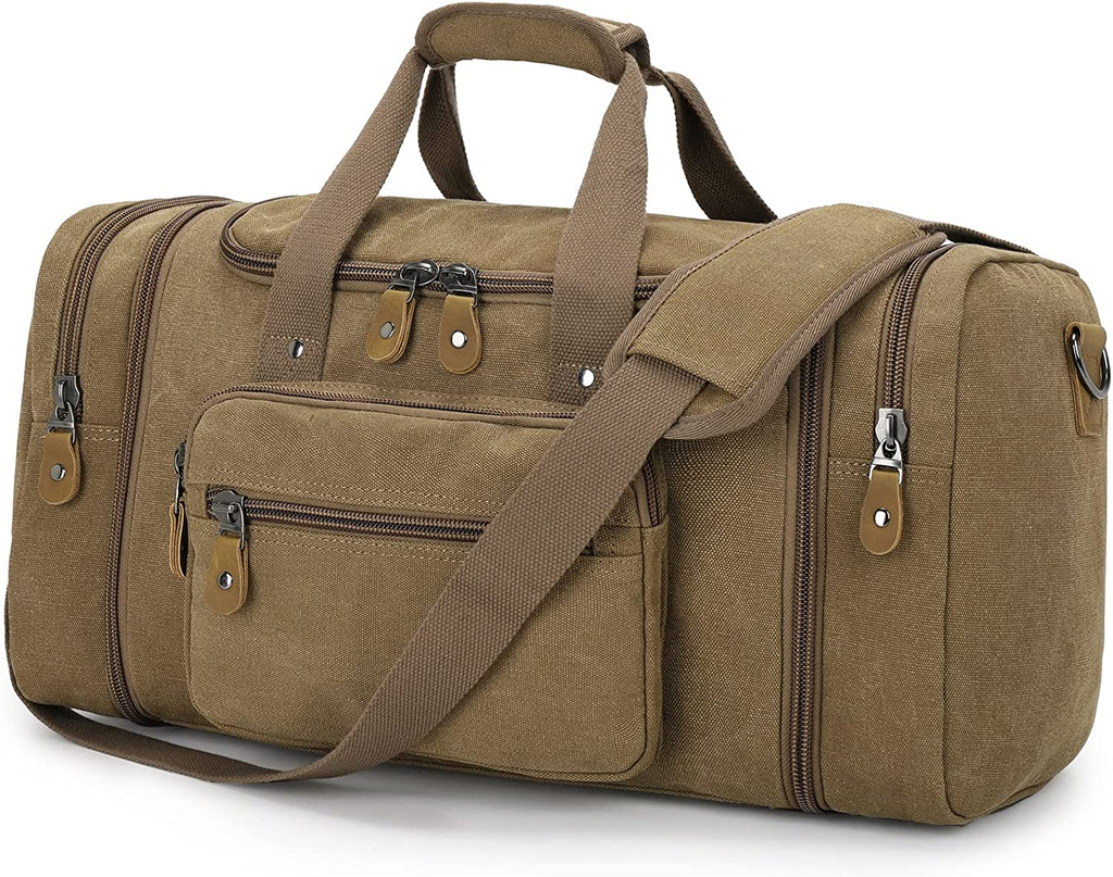 Canvas Duffle Bag, Expandable 60L Travel Overnight Weekender Bag | Multiple Pockets, Carry-On Size, Durable Zippers, Detachable Strap, for Men & Women, Coffee