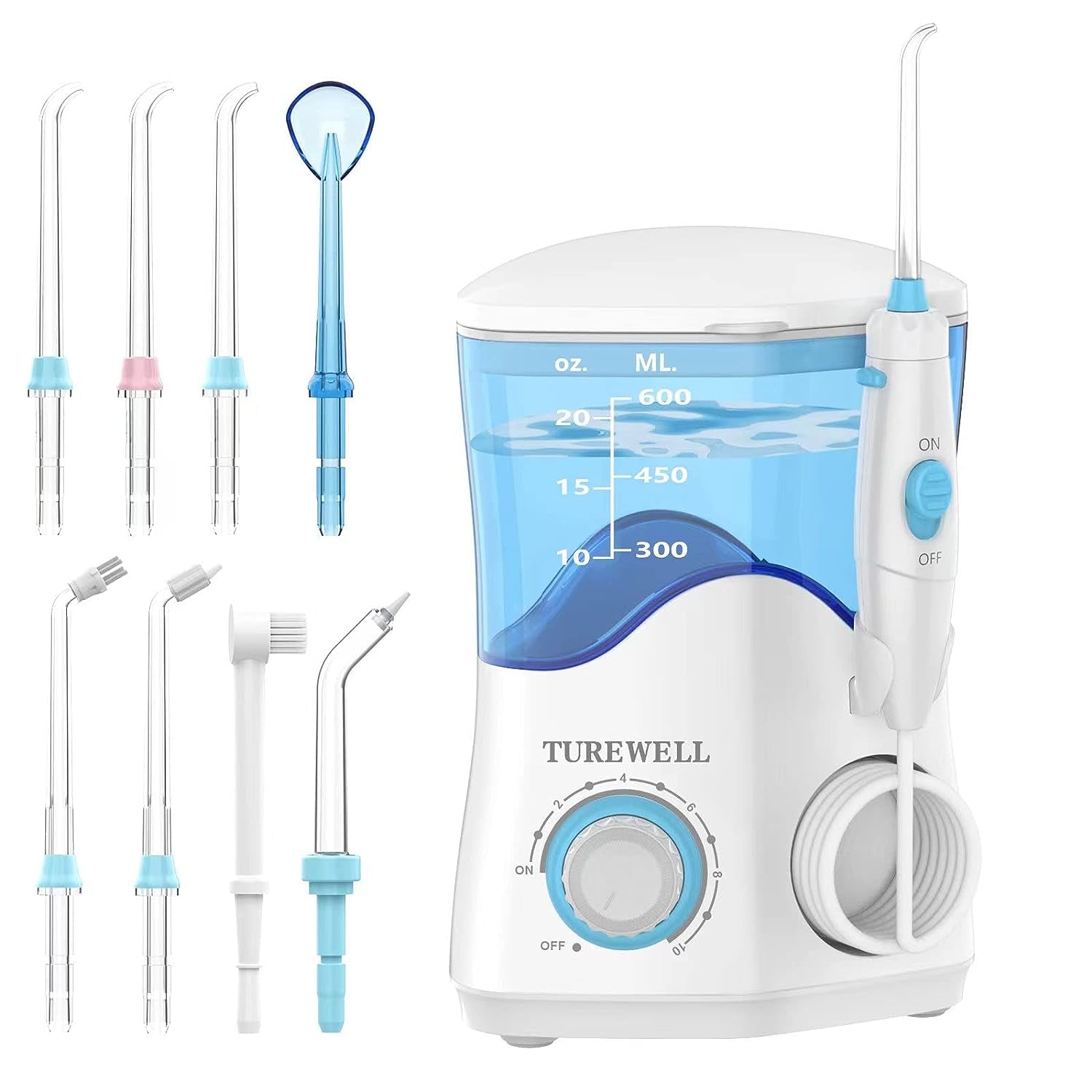 Water Dental Flosser for Teeth/Braces, Water Teeth Cleaner 8 Jet Tips and 10 Pressure Levels, 600ML Large Water Tank Oral Irrigator for Family(White)