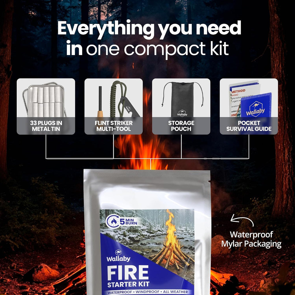 Fire Starter Kit - 33 Waterproof Plugs in Metal Tin + Flint Rod Striker Multi-Tool, Pocket Survival Guide, Airtight Mylar Storage Bag – Camping, Emergency, Grill, Fire Pit
