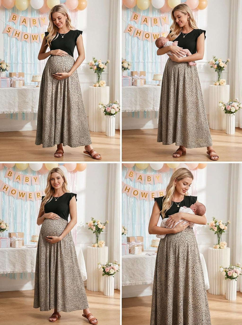 Women'S Ruffle Sleeve Patchwork Maternity Maxi Dress with Pockets | Soft Lightweight Fabric, Crew Neck, Stylish Print, Relaxed Fit, Baby Shower, Maternity Photoshoot, Casual, Daily Wear