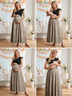Women'S Ruffle Sleeve Patchwork Maternity Maxi Dress with Pockets | Soft Lightweight Fabric, Crew Neck, Stylish Print, Relaxed Fit, Baby Shower, Maternity Photoshoot, Casual, Daily Wear