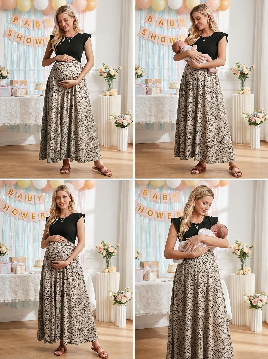 Women'S Ruffle Sleeve Patchwork Maternity Maxi Dress with Pockets | Soft Lightweight Fabric, Crew Neck, Stylish Print, Relaxed Fit, Baby Shower, Maternity Photoshoot, Casual, Daily Wear