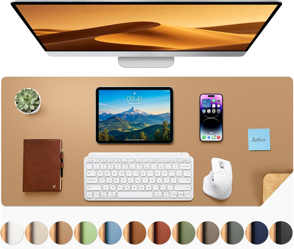 Dual-Sided Desk Mat - Leather & Cork Desk Protector, Large Mouse Pad & Writing Pad for Office/Home, Waterproof, Apricot (35.4" X 15.7")