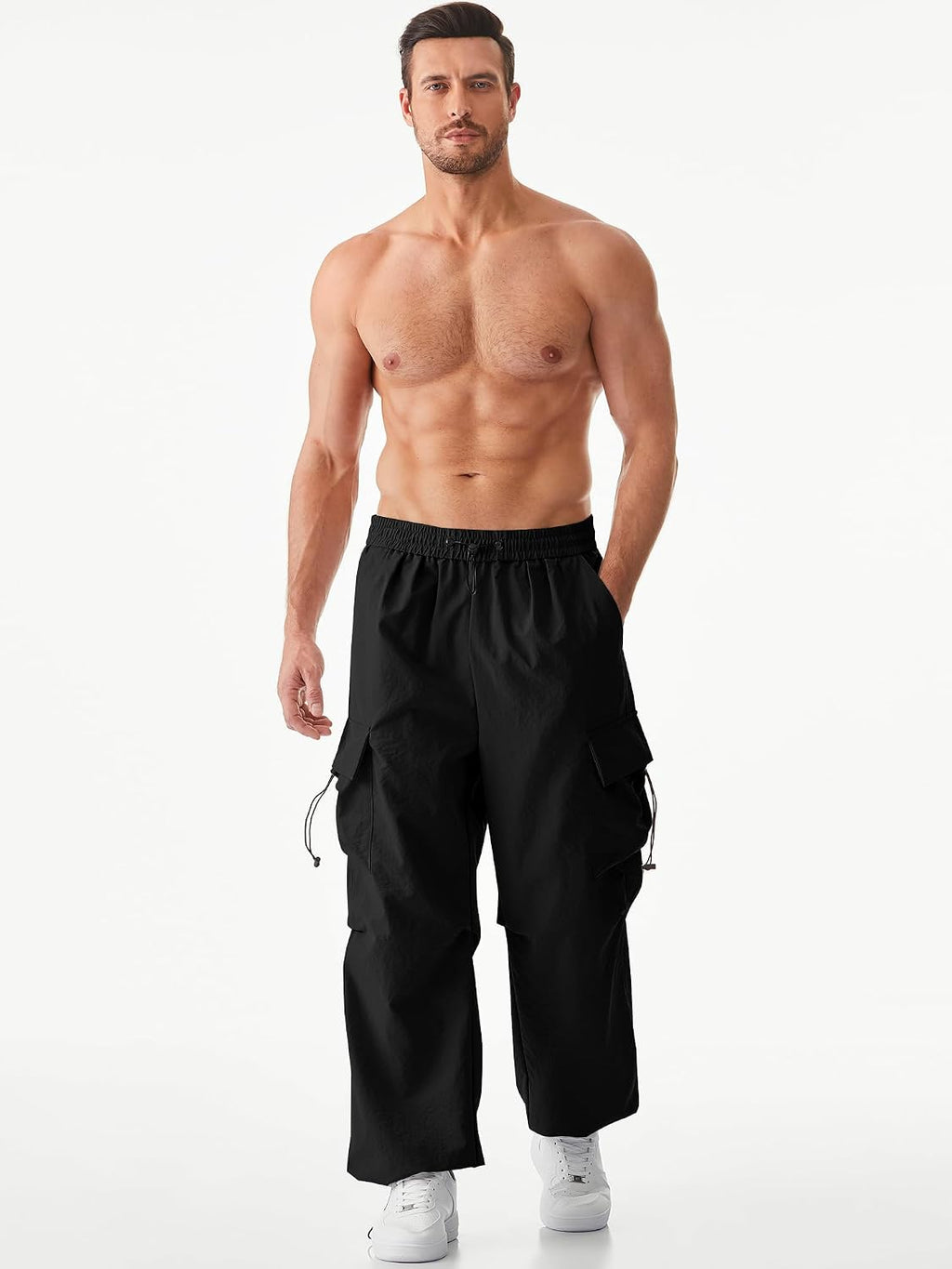 Mens Loose Fit Drawstring Y2K Baggy Parachute Cargo Pants | Harem Joggers, Utility Flap, Deep Side Pockets, Elastic Waistband, Adjustable Hem, Streetwear, Casual Wear, Outdoor Hiking