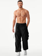 Mens Loose Fit Drawstring Y2K Baggy Parachute Cargo Pants | Harem Joggers, Utility Flap, Deep Side Pockets, Elastic Waistband, Adjustable Hem, Streetwear, Casual Wear, Outdoor Hiking