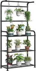 Plant Stands Outdoor with Hooks, Metal Tall Plant Shelves Indoor for Hanging Planter, Black