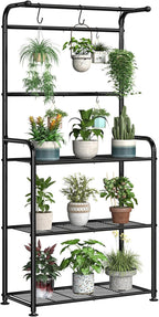 Plant Stands Outdoor with Hooks, Metal Tall Plant Shelves Indoor for Hanging Planter, Black