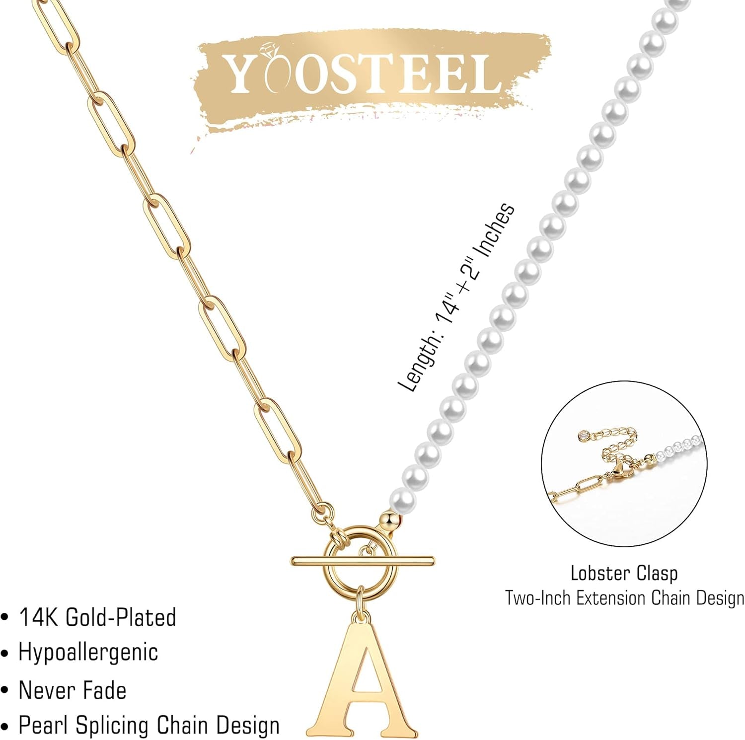 Pearl Initial Necklace for Women, Dainty Pearl Chain Choker Initial Necklaces for Women Toggle Clasp Paperclip Link Chain Necklace Jewelry Gifts