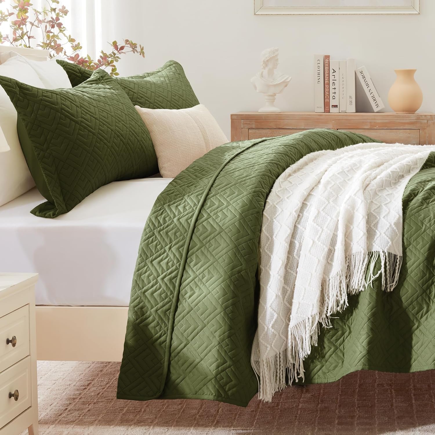 Quilt Set Queen Size Summer Squares Pattern Forest Green Bedspread | Bedding Set for All Season Use, Soft & Breathable Coverlet,3-Piece Set Includes 2 Shams, Machine Washable