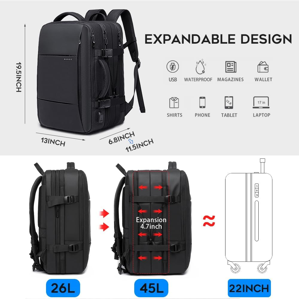 45L Carry on Backpack, Weekender Travel Backpacks, 17.3 Inch Laptop Back Pack Business Expandable Bag for Men and Women