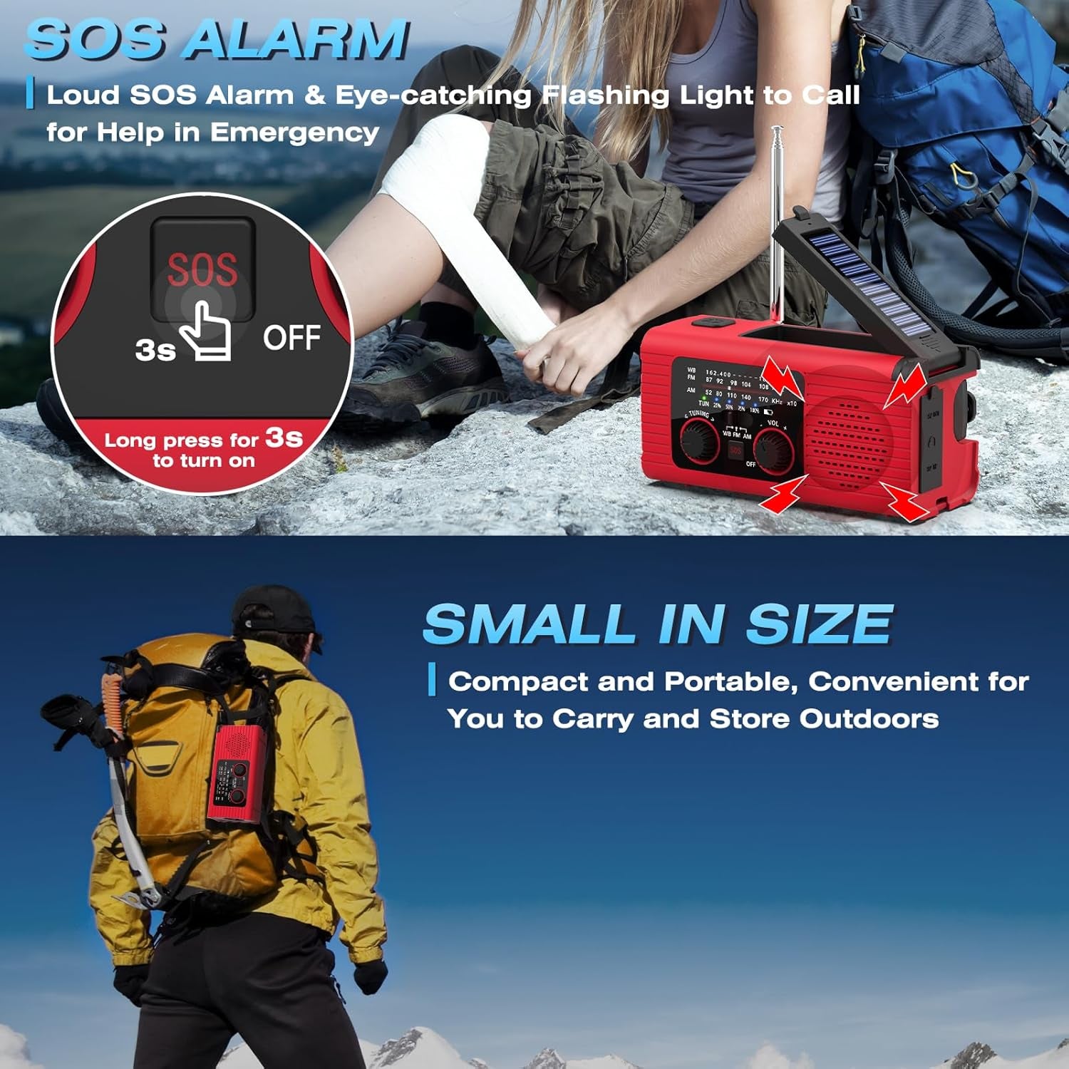 Emergency Weather Radio, 4000Mah NOAA Weather Radio Solar Charging | Hand Crank Radio & USB Charged, Radios Portable Am Fm with LED Flashlight, Reading Lamp, SOS Alarm for Emergency Situation