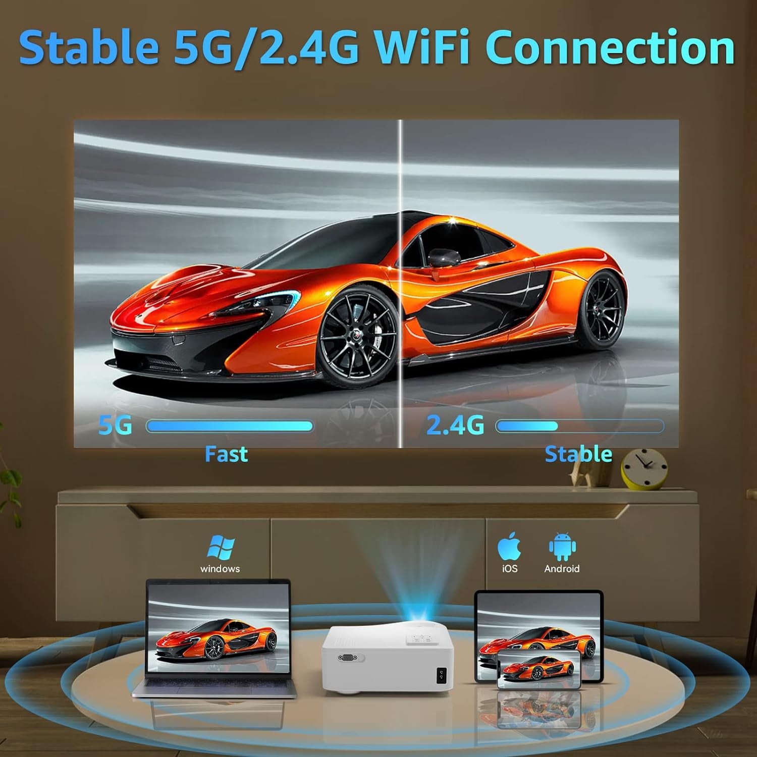 5G Wifi Bluetooth Projector, Native 1080P Outdoor Movie Projector with 350" Display, 18000L Home Theater Video Projector 4K Supported, LED Video Projector Compatible with TV Stick, Phone/Pc