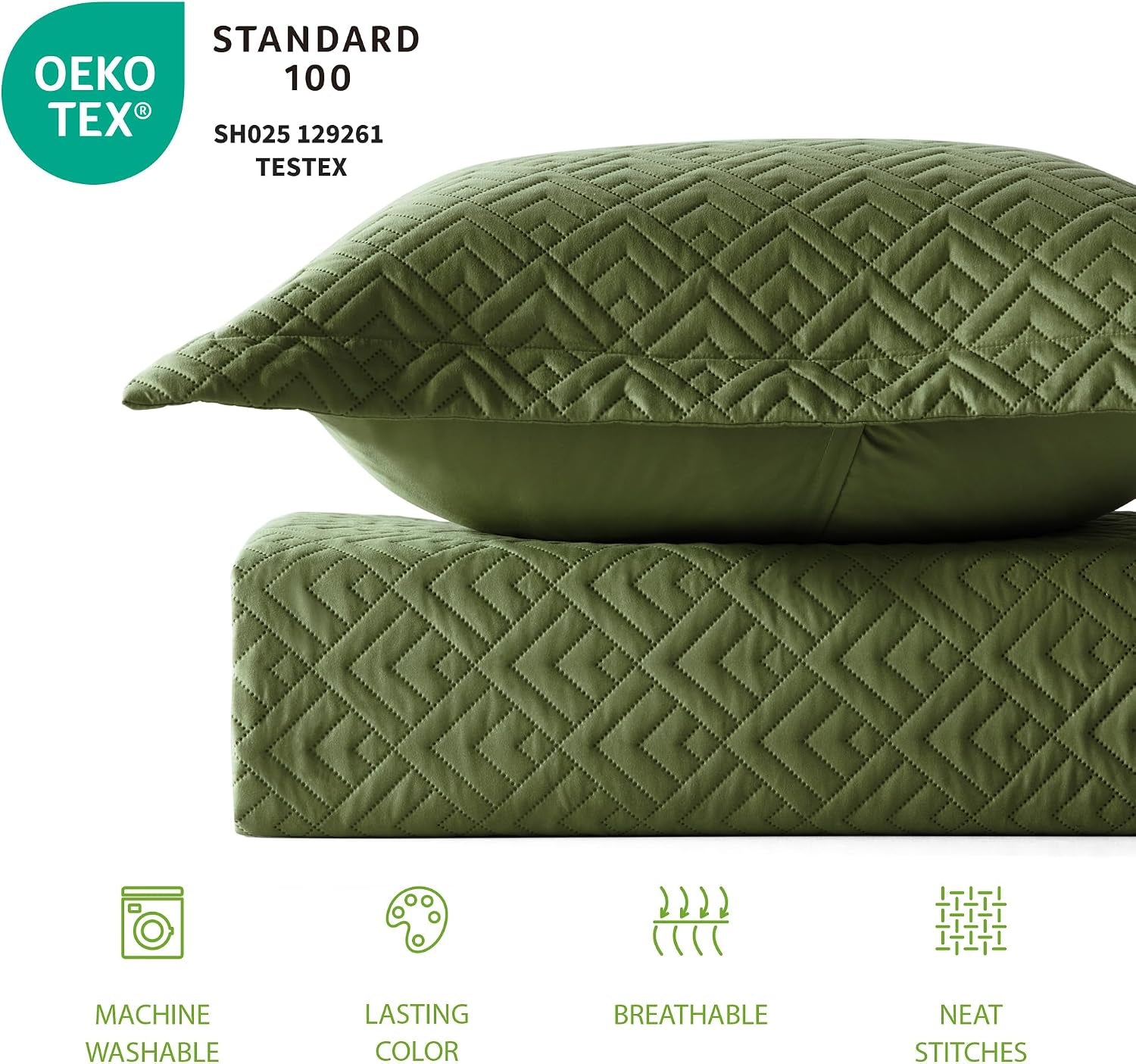 Quilt Set Queen Size Summer Squares Pattern Forest Green Bedspread | Bedding Set for All Season Use, Soft & Breathable Coverlet,3-Piece Set Includes 2 Shams, Machine Washable