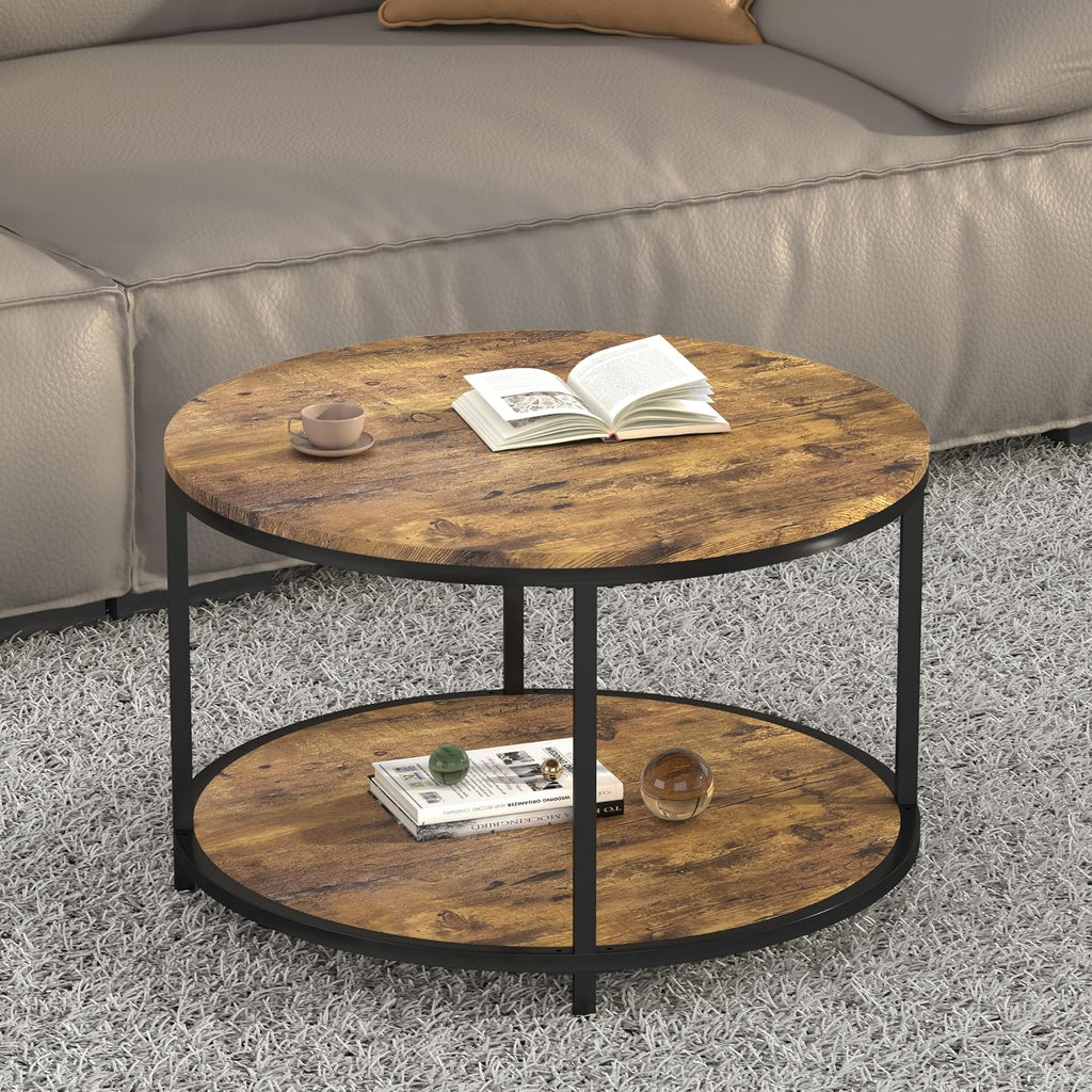 round Coffee Table, 25.6" Small Coffee Table for Living Room,2-Tier Rustic Wood Desktop with Storage Shelf Modern Design Home Furniture(Brown)
