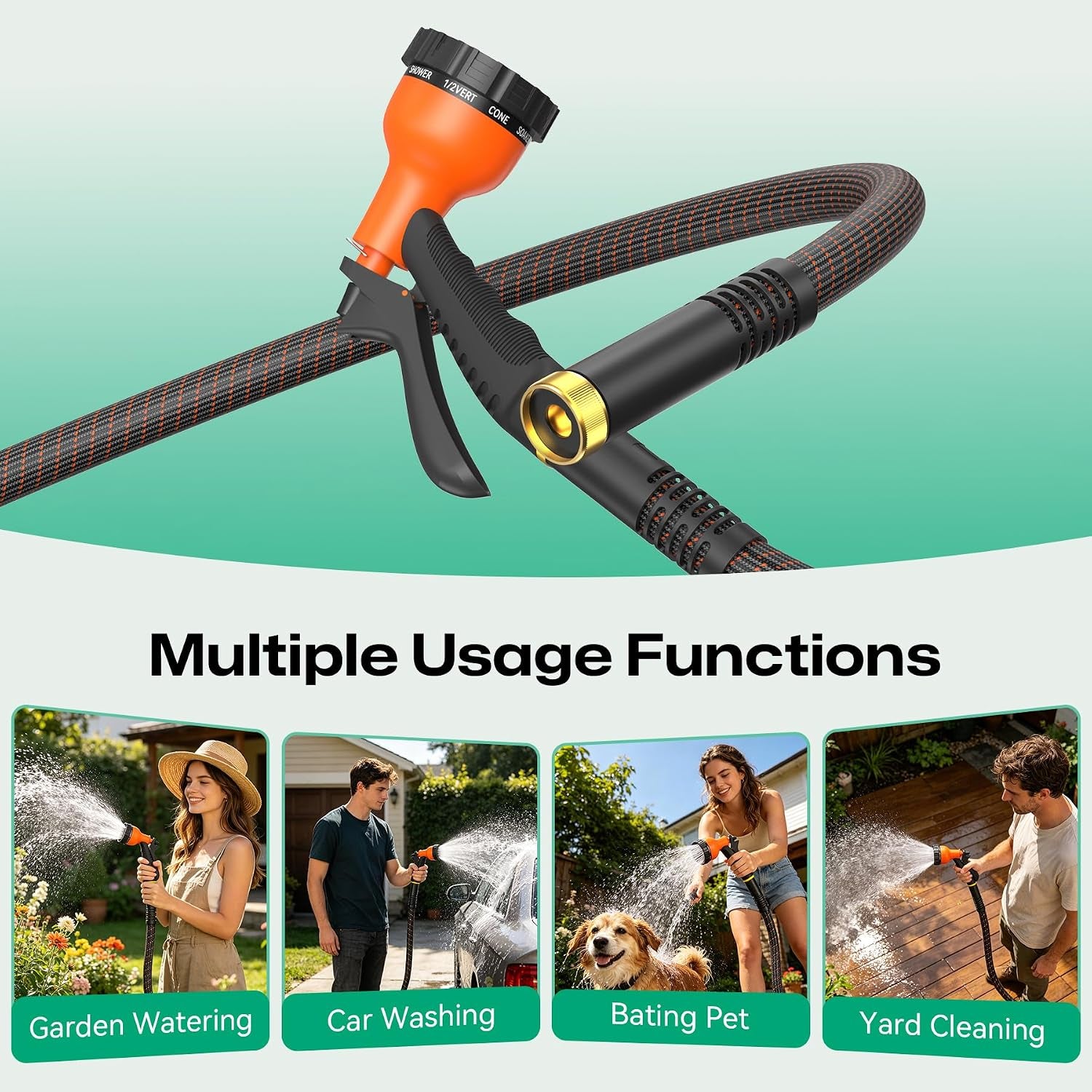 Garden Hose 100Ft NON-EXPANDABLE Water Hose, 3-Layer Lightweight Nylon Braided Hose for Yard, Car Wash & Pet Shower, 600 PSI Burst Heavy Duty Kink-Free with 10-Way Nozzle & 3/4" Brass Fittings