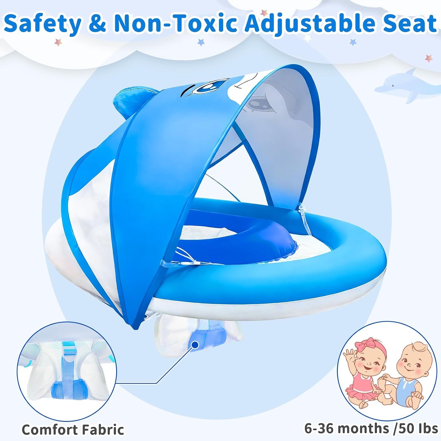 Baby Pool Float with Canopy UPF50+ for Age 6-36 Months 4 Stage Adjustable Canopy and Anti-Tip Safety Seat Dual Air Chambers Inflatable Toddler Floaties Infant Pool Float, Baby Beach Essentials