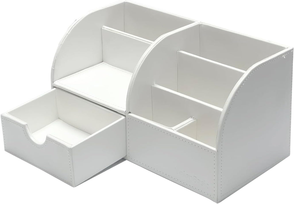 Desk Organizer - Multifunctional Leather Desktop Pen Holder Storage Box - Business Card/Pen/Pencil/Mobile Phone/Stationery Holder, White