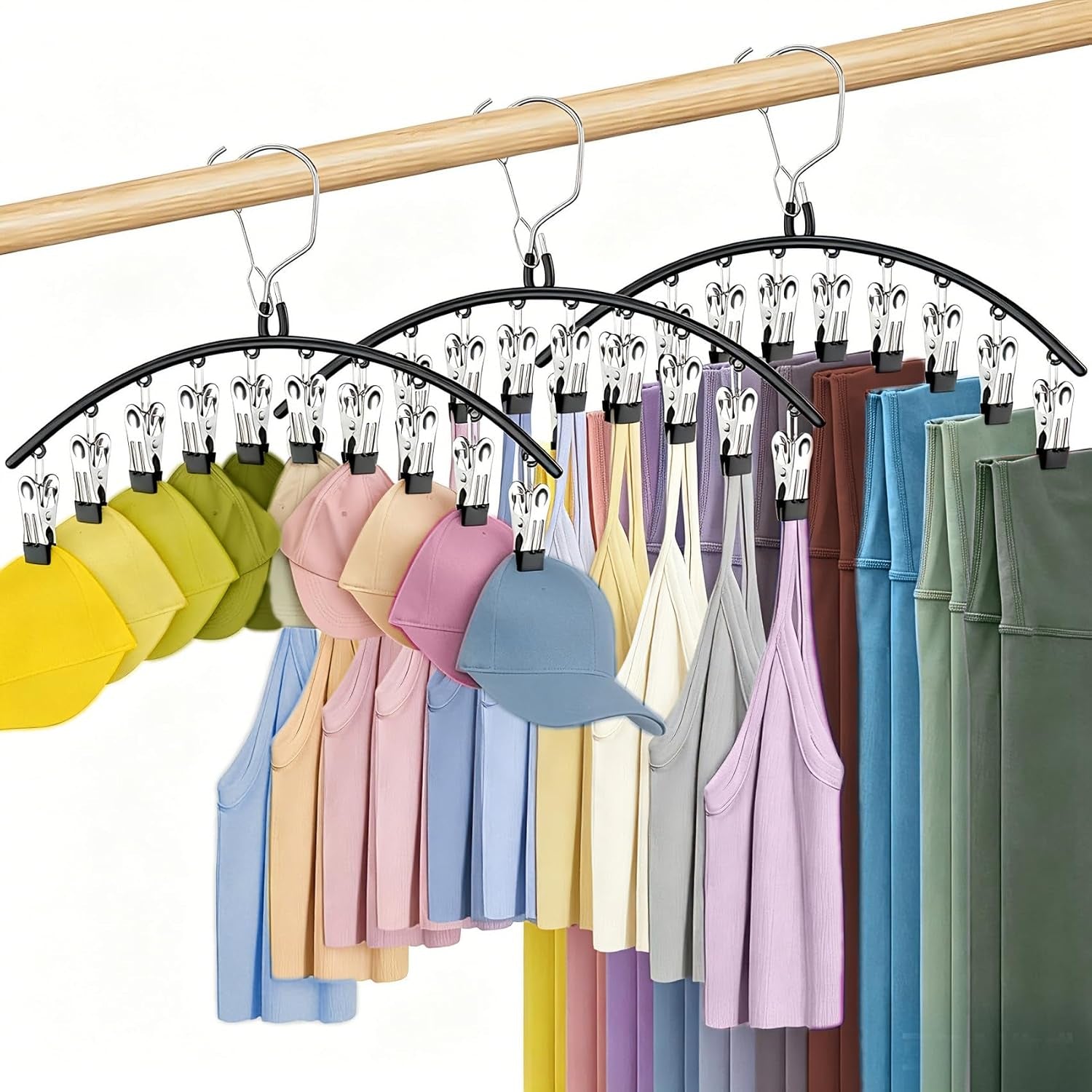 3 Pack Skirt Pants Hangers with Clips, Legging Organizer for Closet Hanging with 10 Cilps Holds 30 Leggings/Shorts/Jeans/Skirts Pants Hangers Space Saving Closet Organizers and Storage, Black